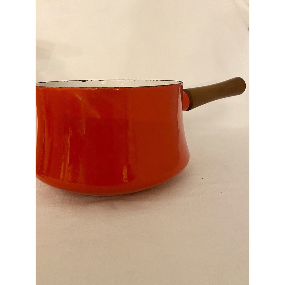 Vtg Dansk Pan Mid Century Modern Enamel Pot Wood Handle Red Orange